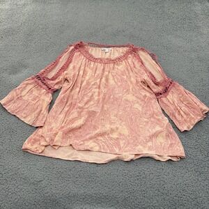 Cato Pink Paisley Cold Shoulder Bell Sleeve Blouse Womens L Boho Peasant Top